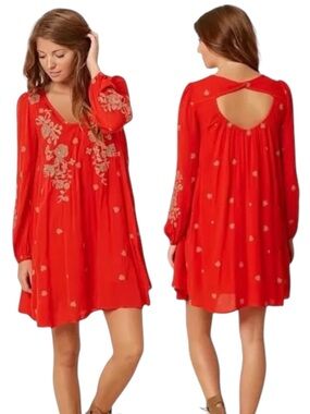 Free People Dress Sweet Tennessee Red Embroidered Tunic Floral Long Sleeve L